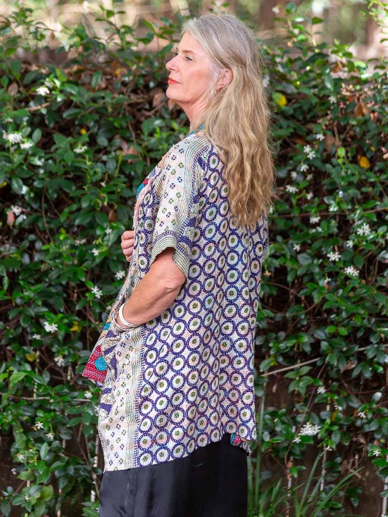 Kimono - silk reversible featuring hand stitching and pockets - Bold Graphic designs