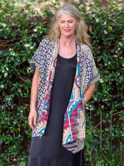 Kimono - silk reversible featuring hand stitching and pockets - Bold Graphic designs
