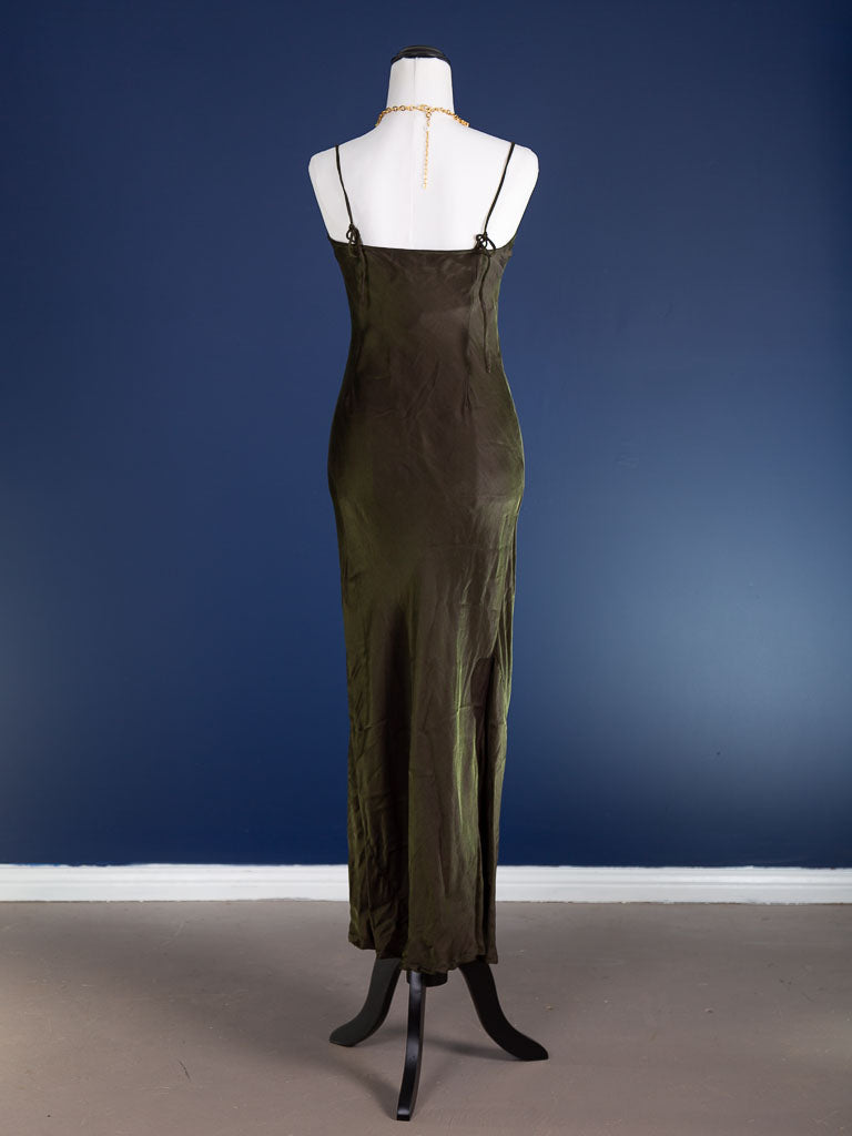 Marilyn Silk Satin Slip Long Dark Olive