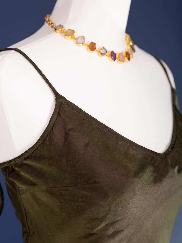 Marilyn Silk Satin Slip Long Dark Olive