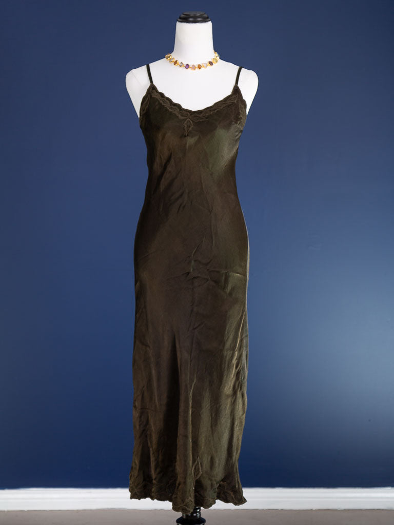 Marilyn Silk Satin Slip Long Dark Olive