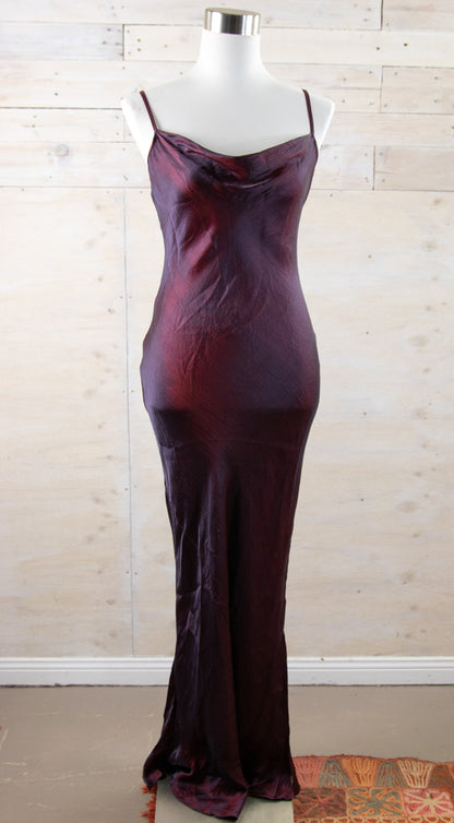 Cowl satin mxi slip dress with side split in brick red colour