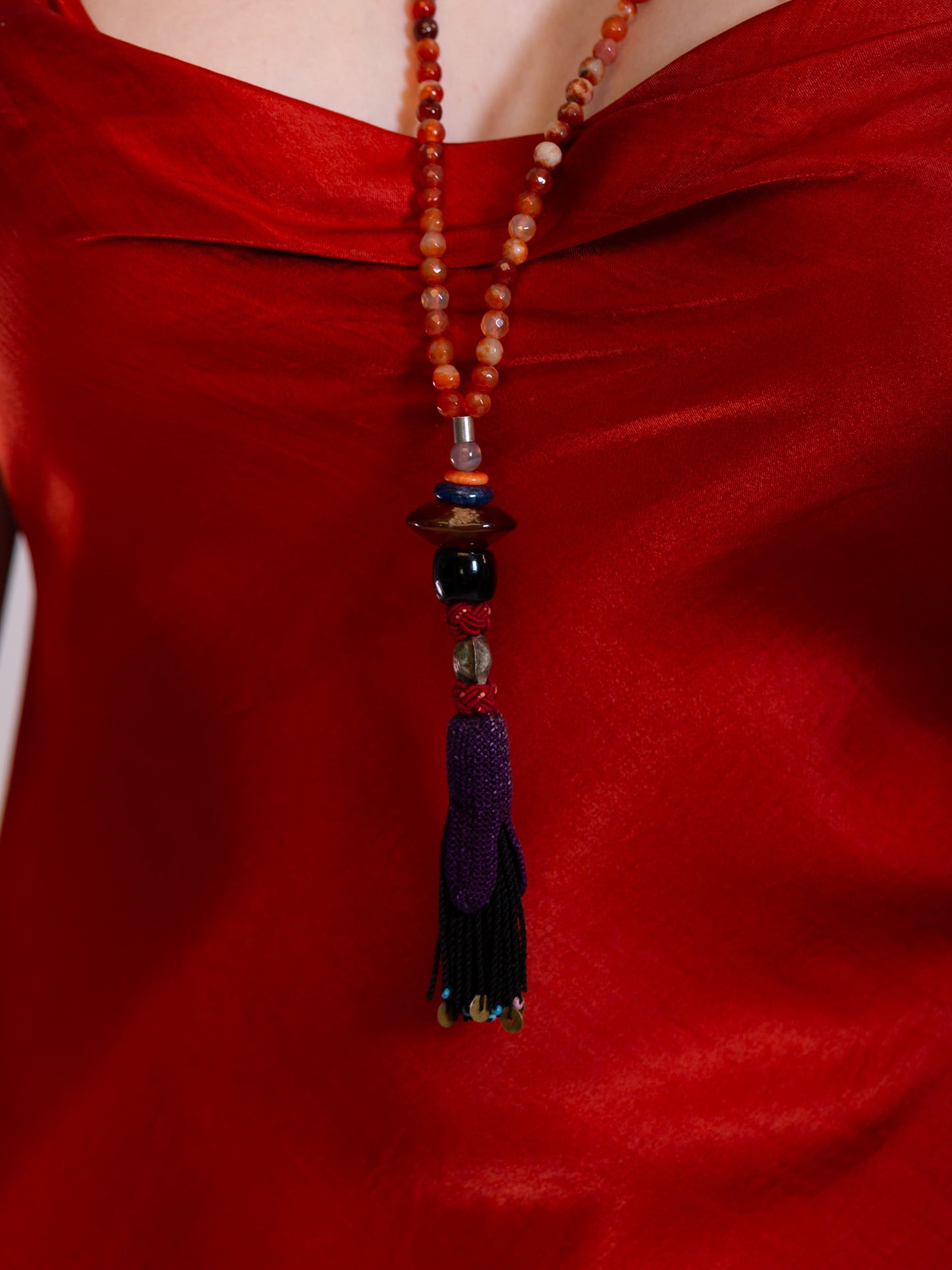 Carnelian Agate Long Beads with Tassel