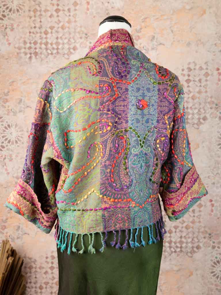 Kashmiri soft fringed wool jacket. Multi Hued  size 12