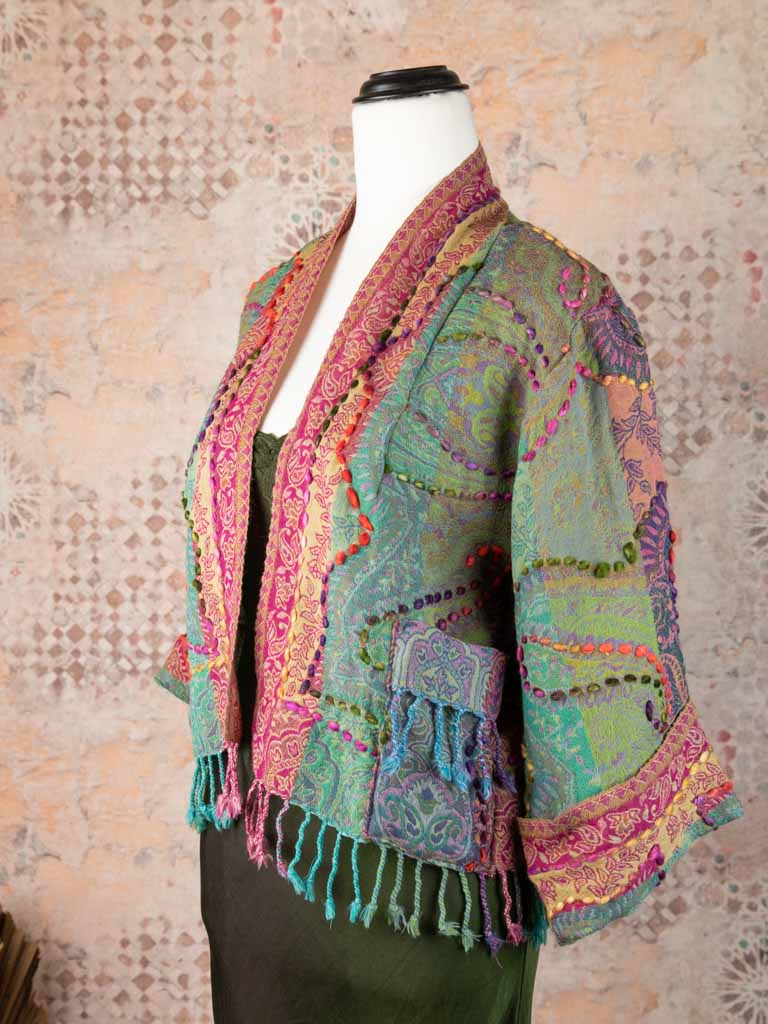 Kashmiri soft fringed wool jacket. Multi Hued  size 12
