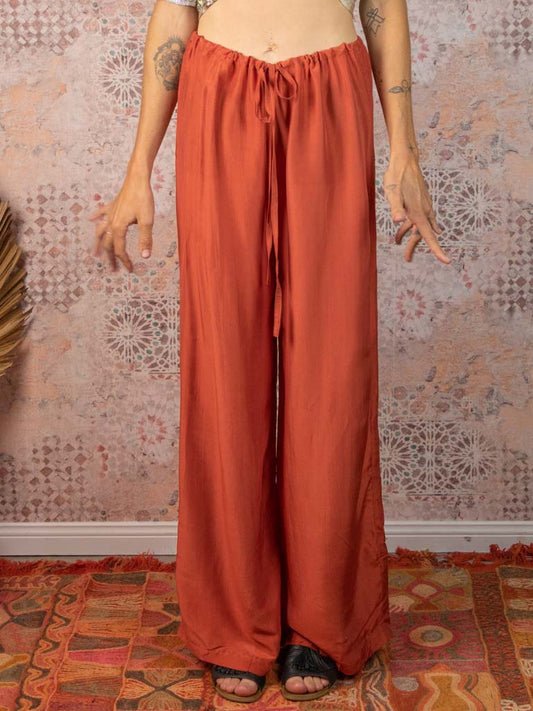 extra long legged pants in silk linen with drawstring in rust colour