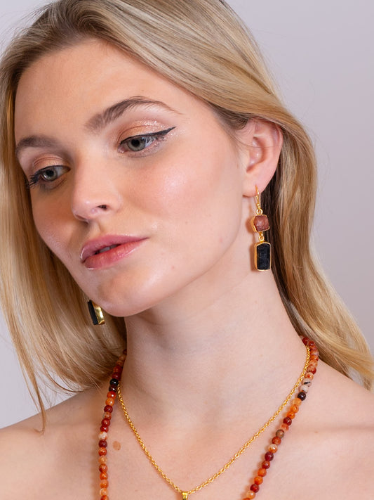 Gold Luxe earrings - Carnelian & Tourmaline double drop dangles