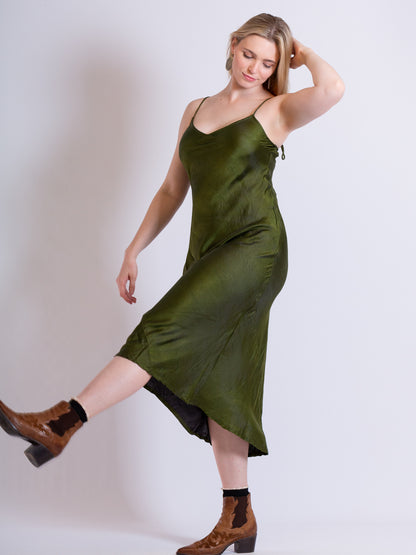 Marilyn Silk Satin Slip Long Dark Olive