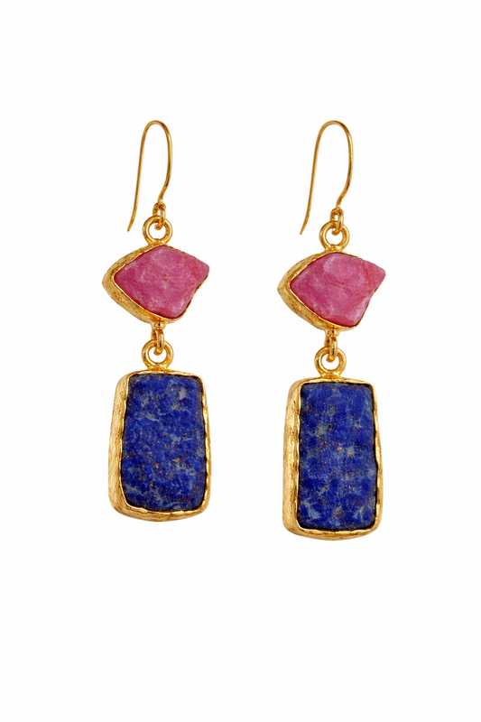 Gold Luxe earrings - ruby and lapis lazuli double drop dangles