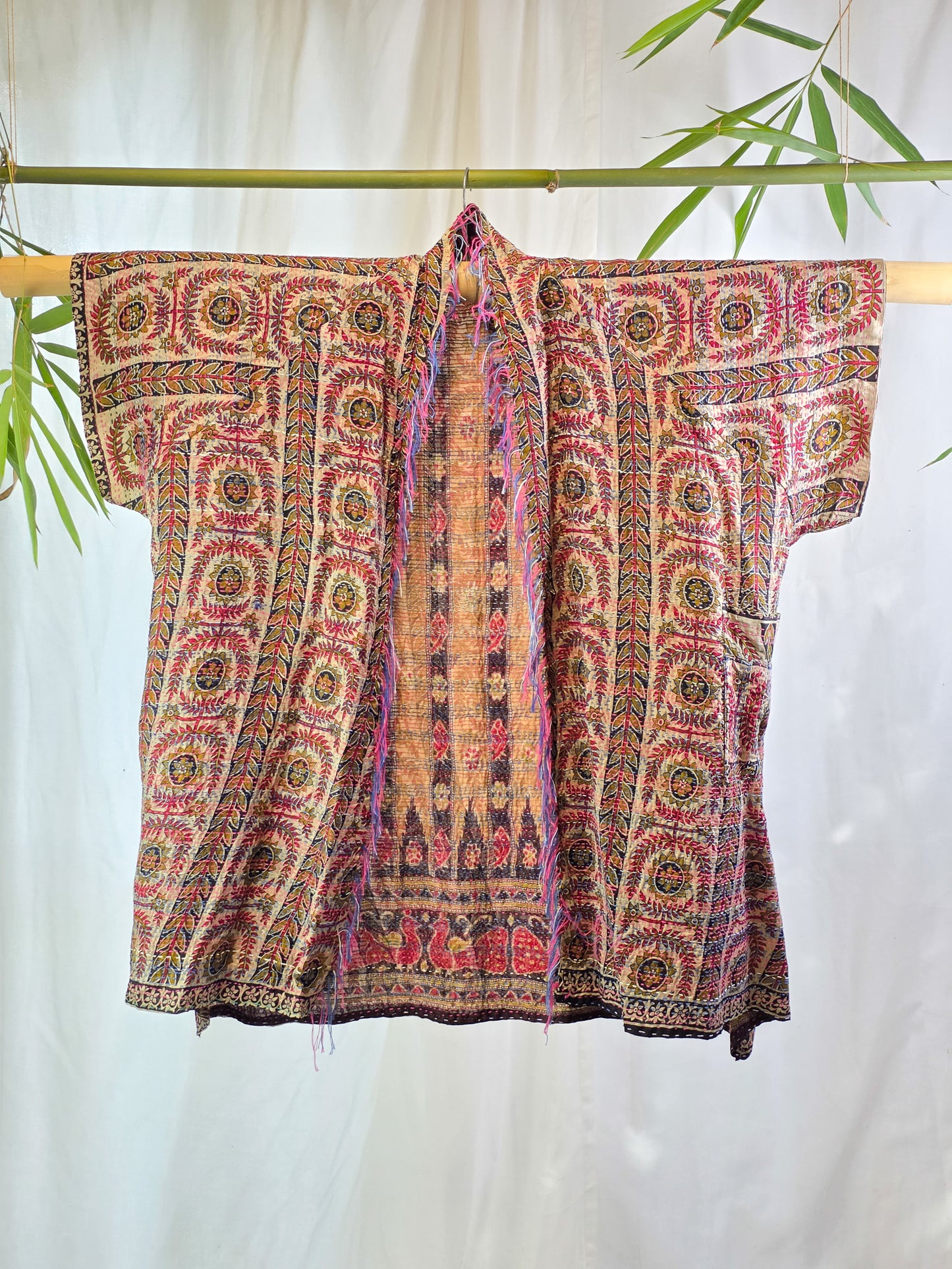 Reverse side of silk kimono on white background