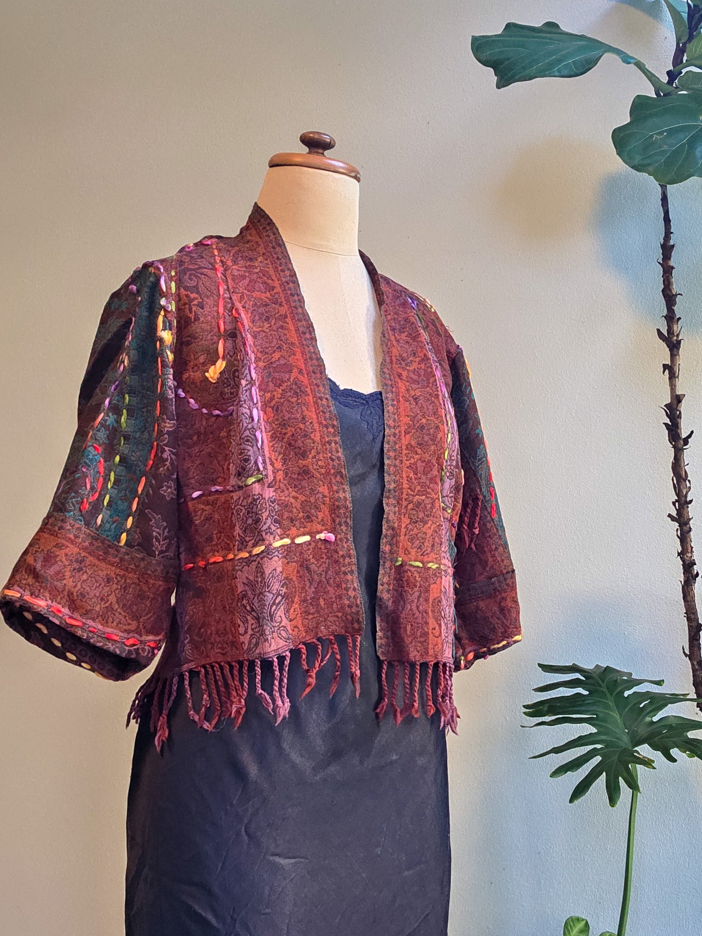 Kashmiri soft fringed wool jacket. Night Garden Size 12