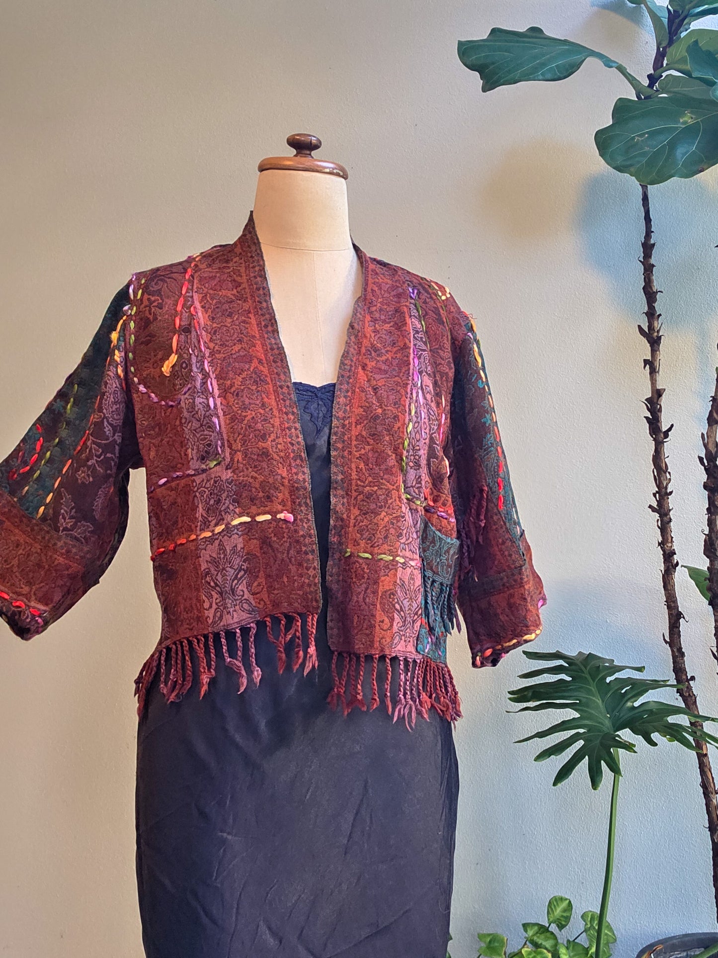 Kashmiri soft fringed wool jacket. Night Garden Size 12