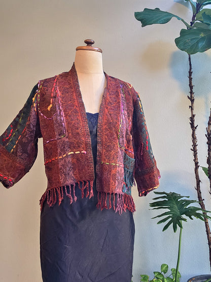 Kashmiri soft fringed wool jacket. Night Garden Size 12