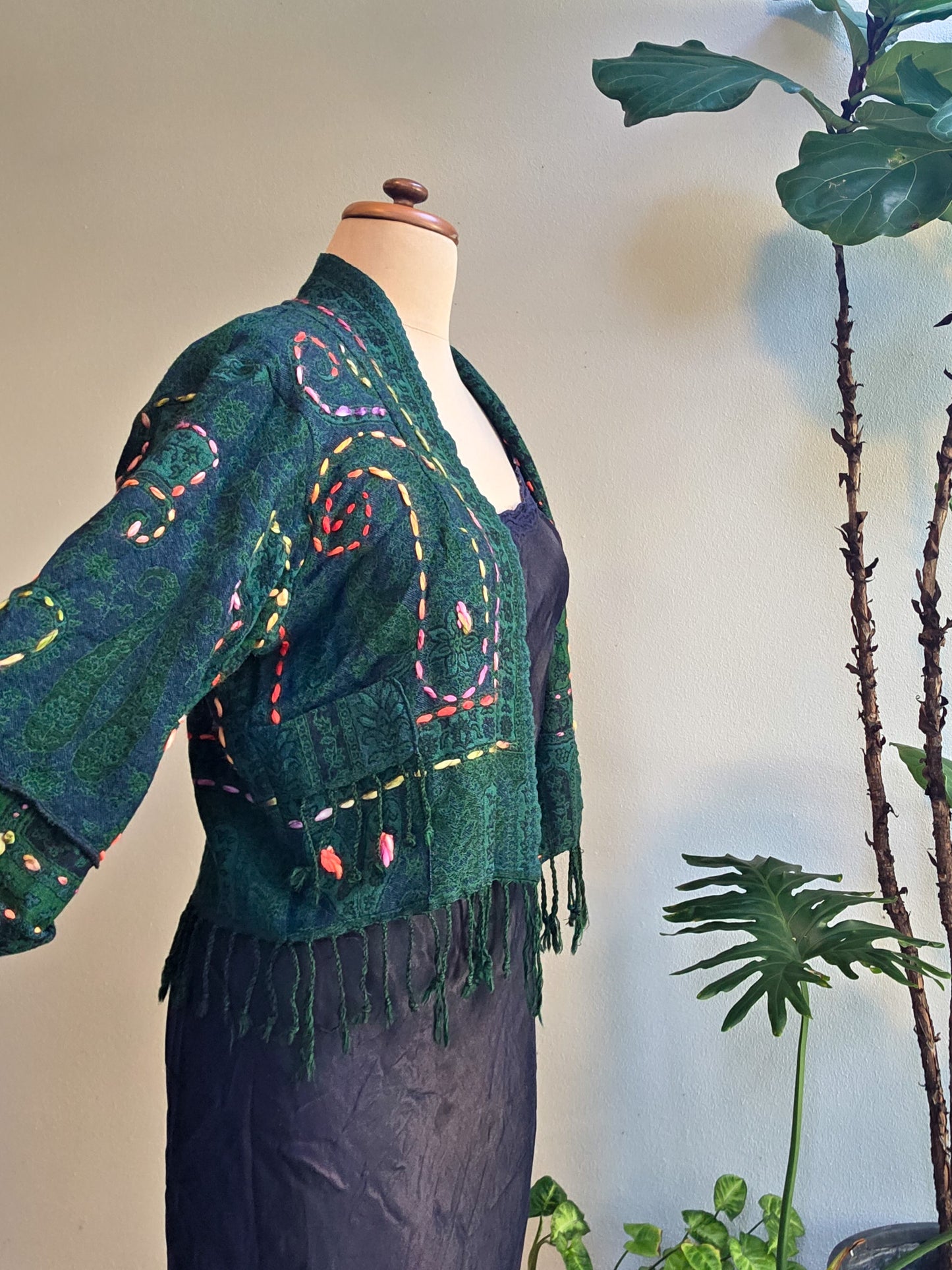 Kashmiri soft fringed wool jacket. Forest Green size 14