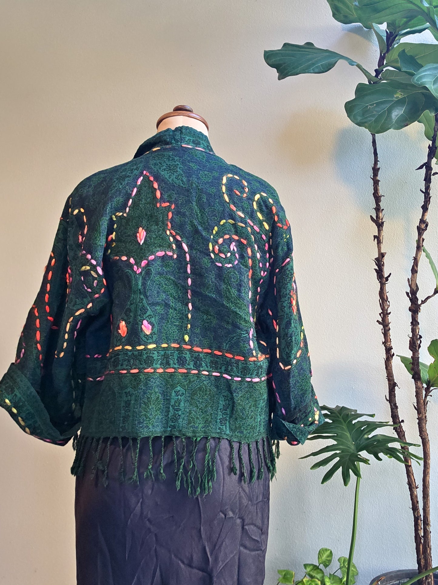 Kashmiri soft fringed wool jacket. Forest Green size 14