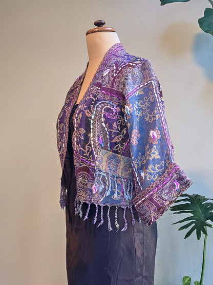Kashmiri soft fringed wool jacket. Night Garden Size 12