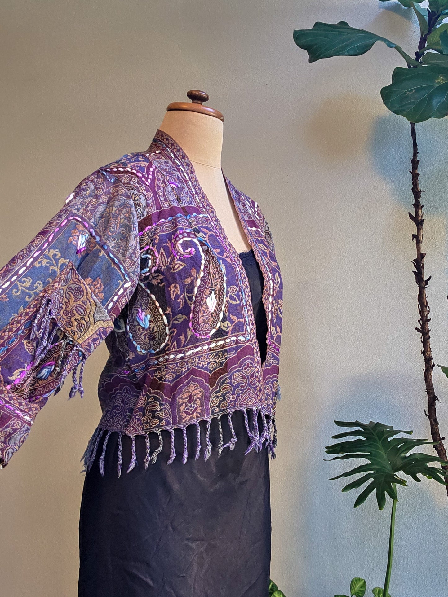 Kashmiri soft fringed wool jacket. Night Garden Size 12