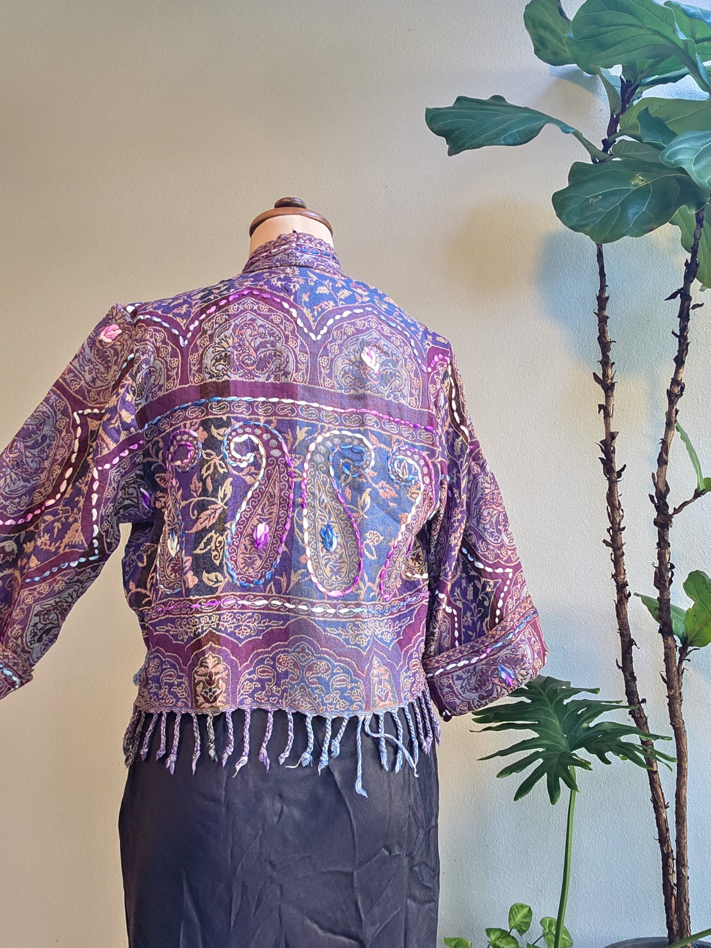 Kashmiri soft fringed wool jacket. Night Garden Size 12