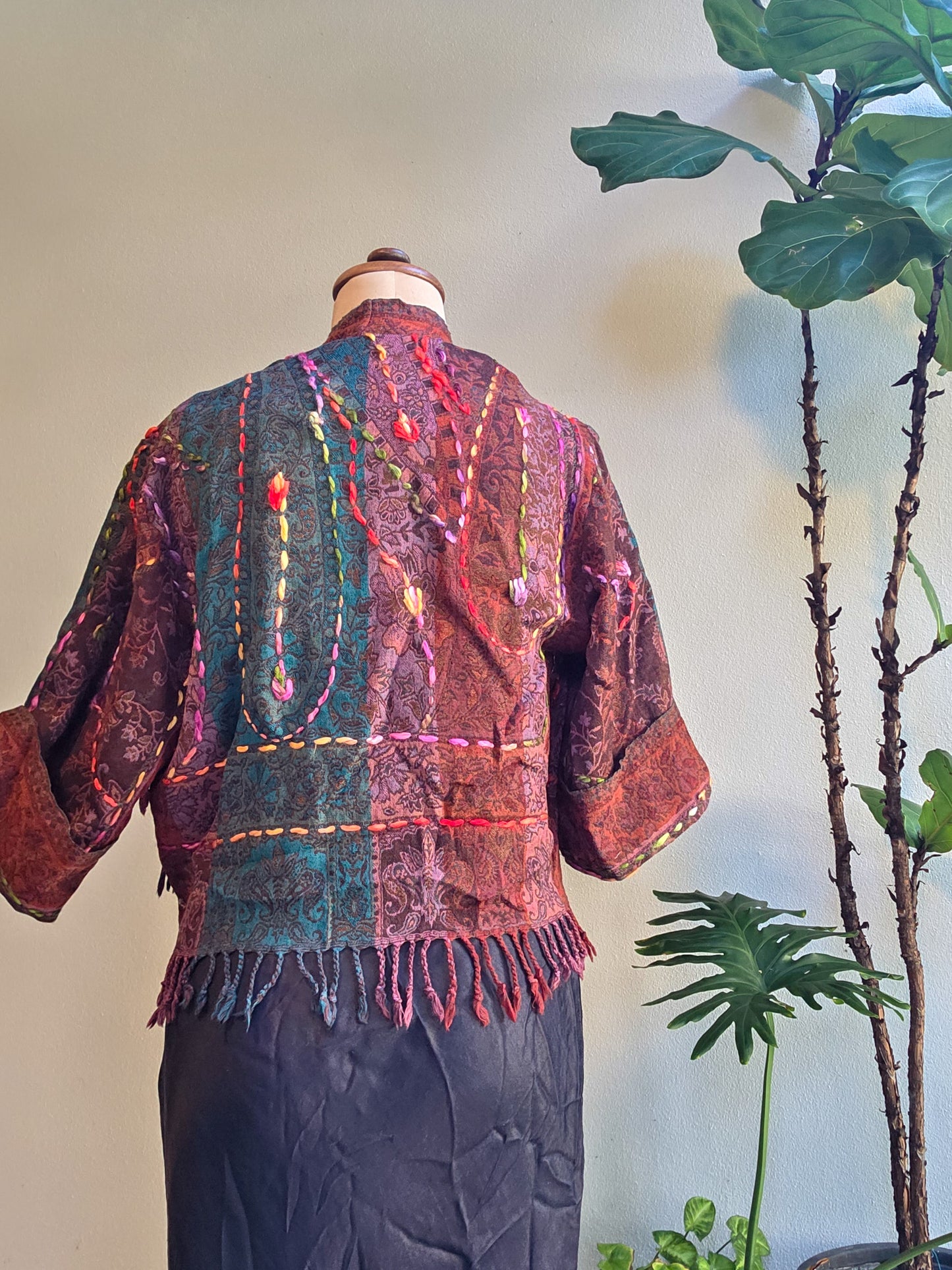 Kashmiri soft fringed wool jacket. Night Garden Size 12