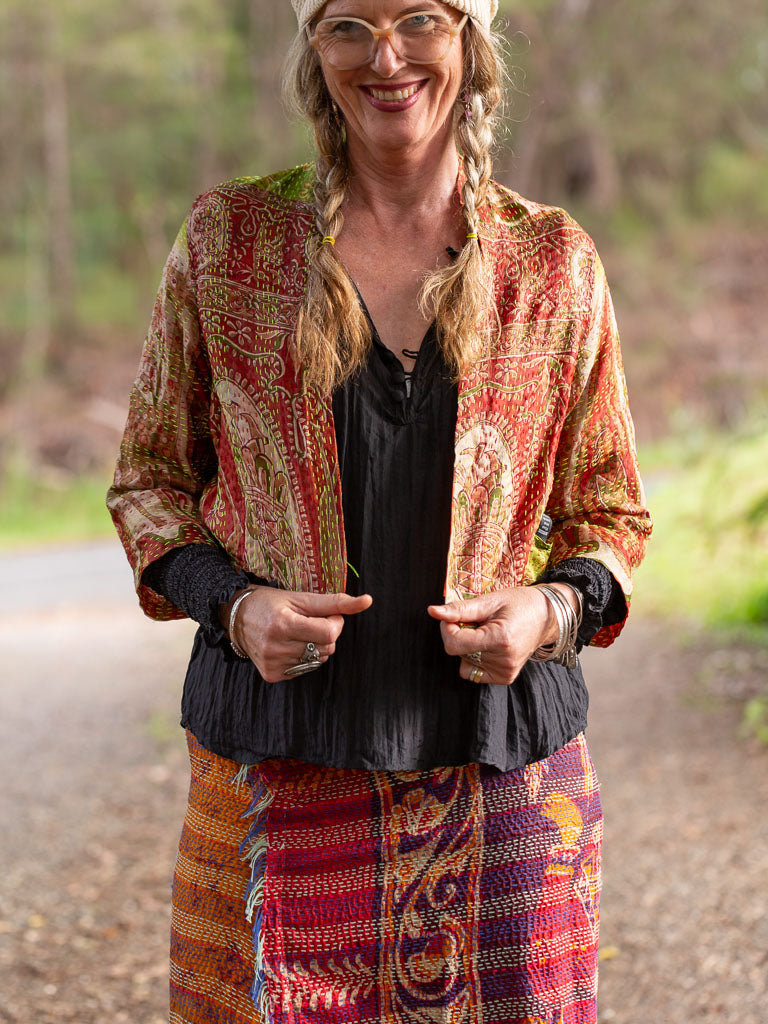 Boho Silk Chic Jacket. Earthy Tones Size 12