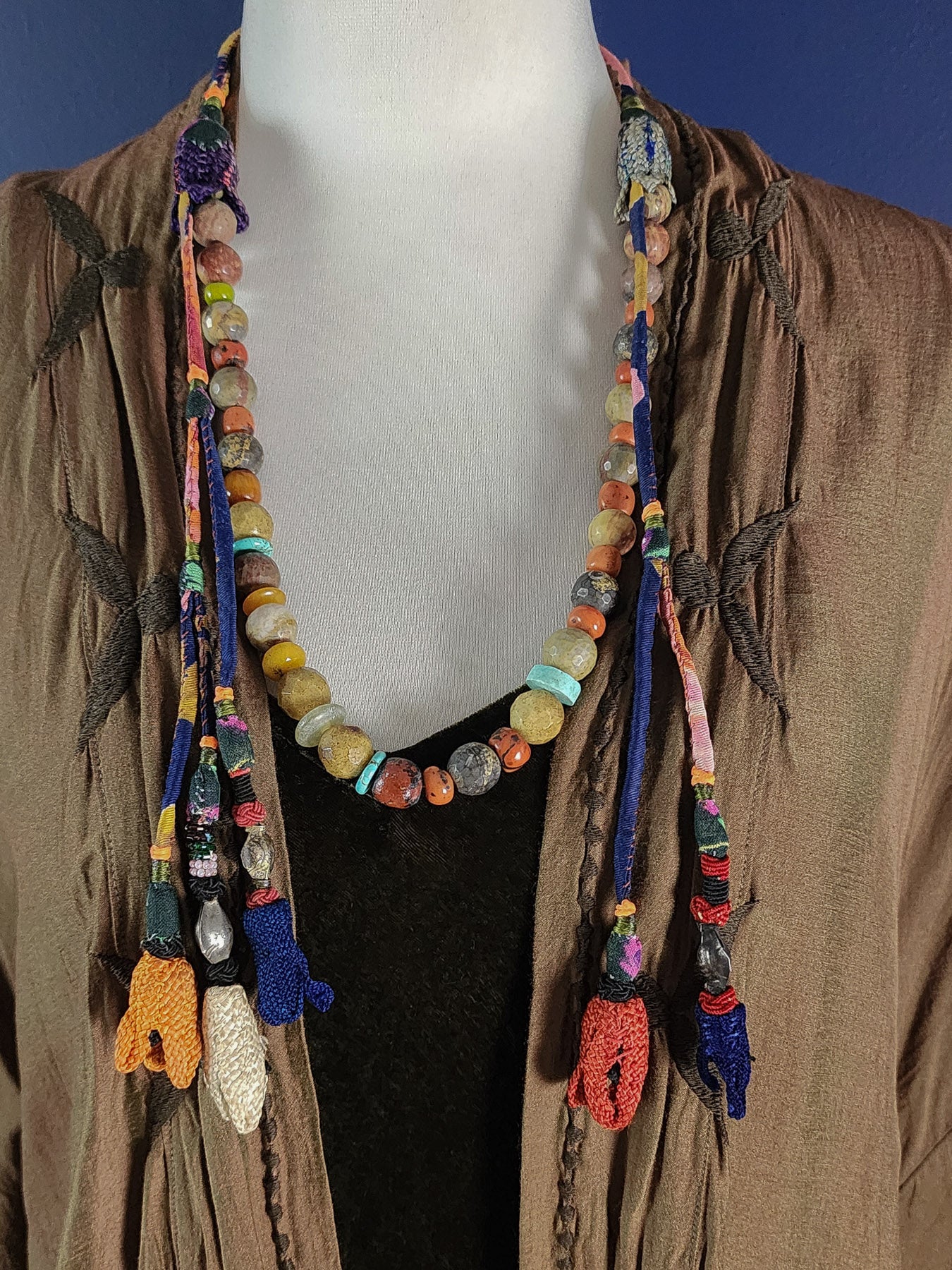 Mixed semi-precious beads with fabric ornaments