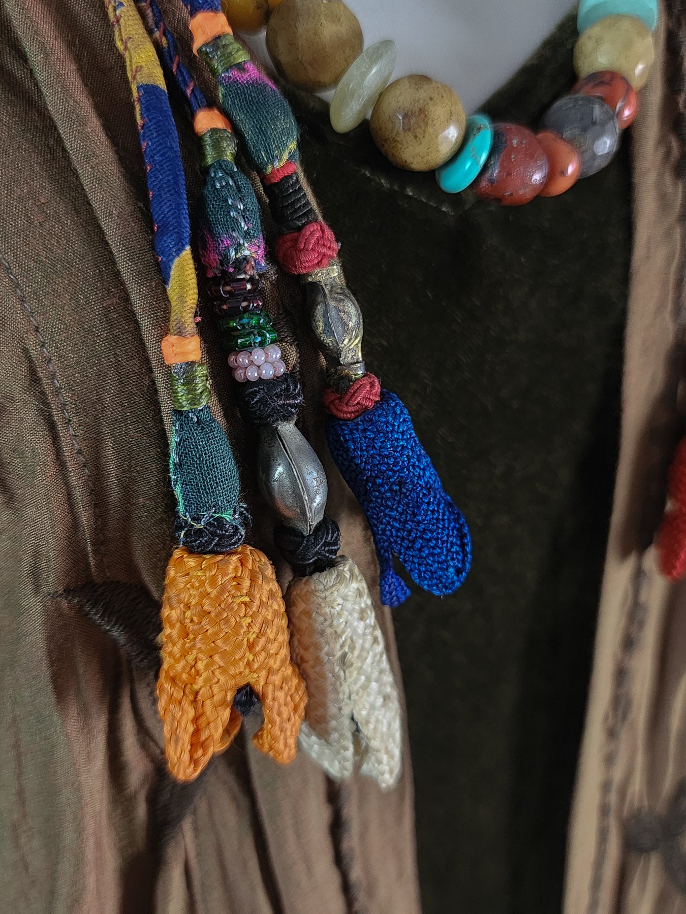 Mixed semi-precious beads with fabric ornaments