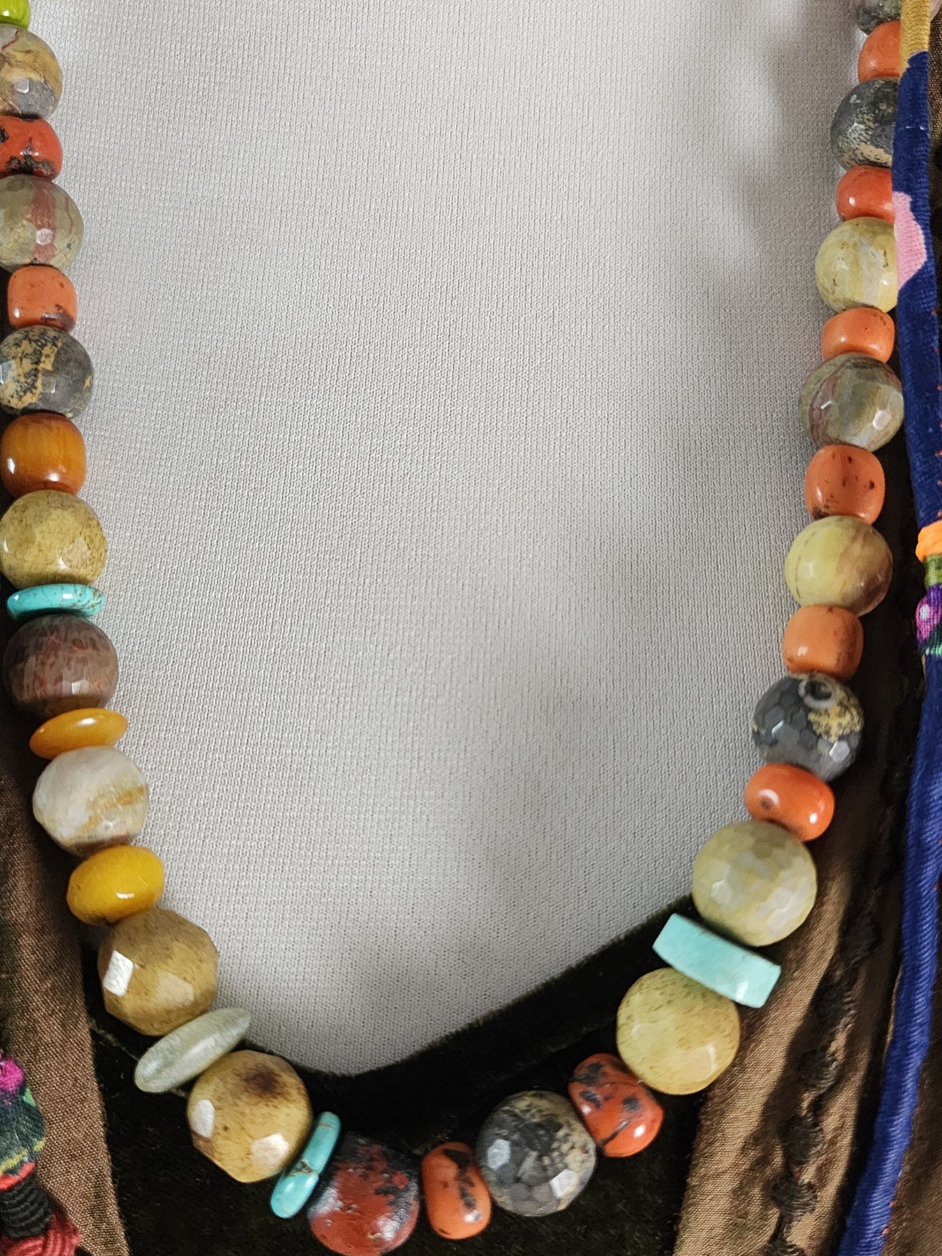 Mixed semi-precious beads with fabric ornaments