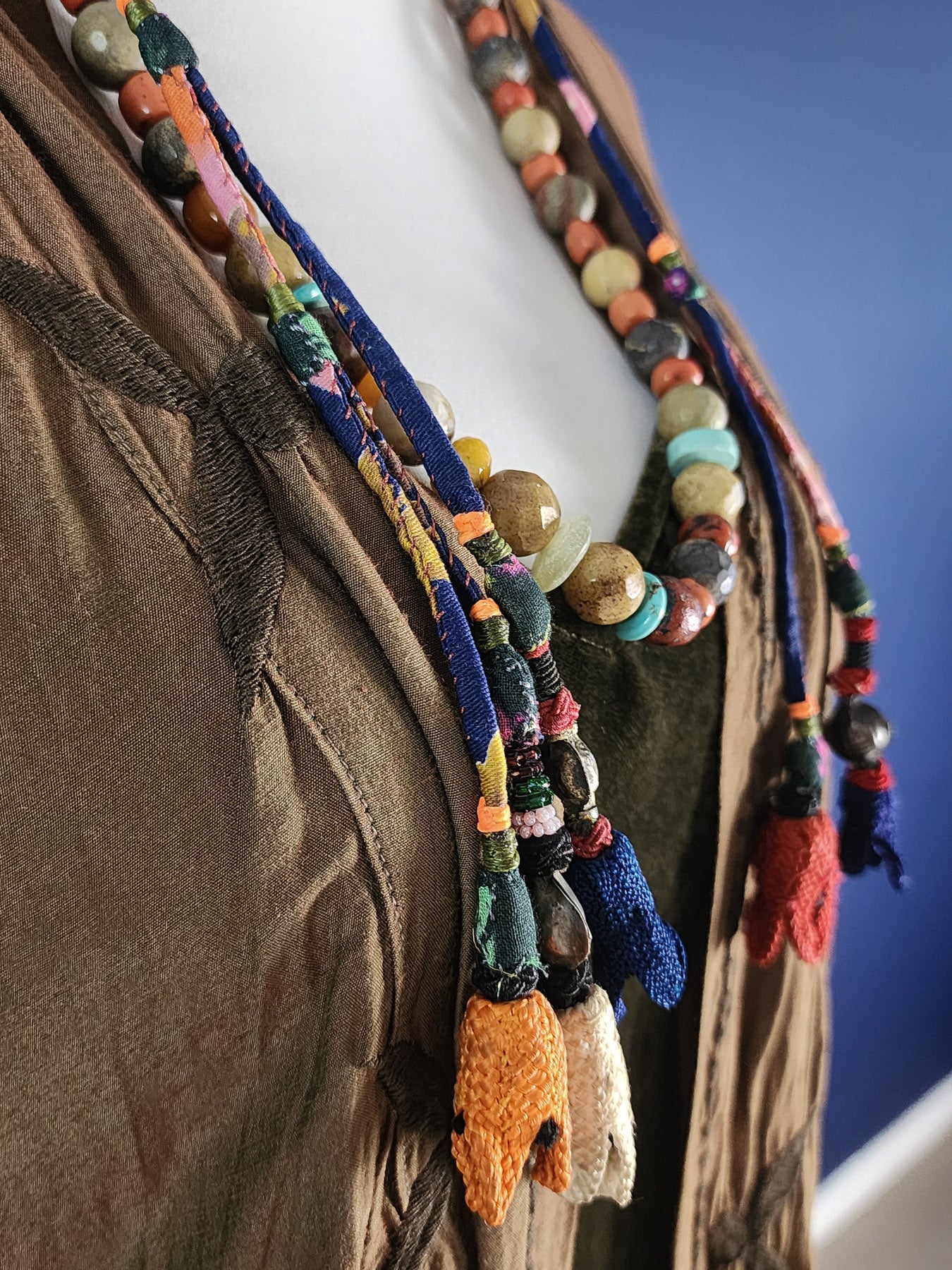 Mixed semi-precious beads with fabric ornaments
