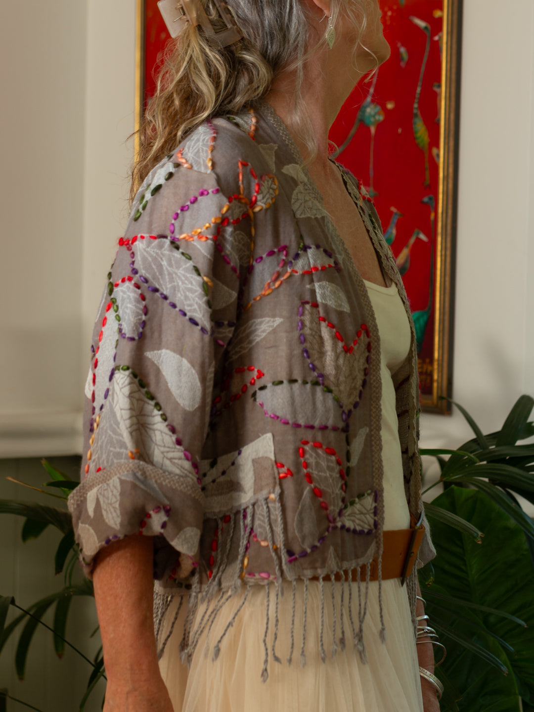 Kashmiri soft fringed wool jacket. Pastel Romance Size 14