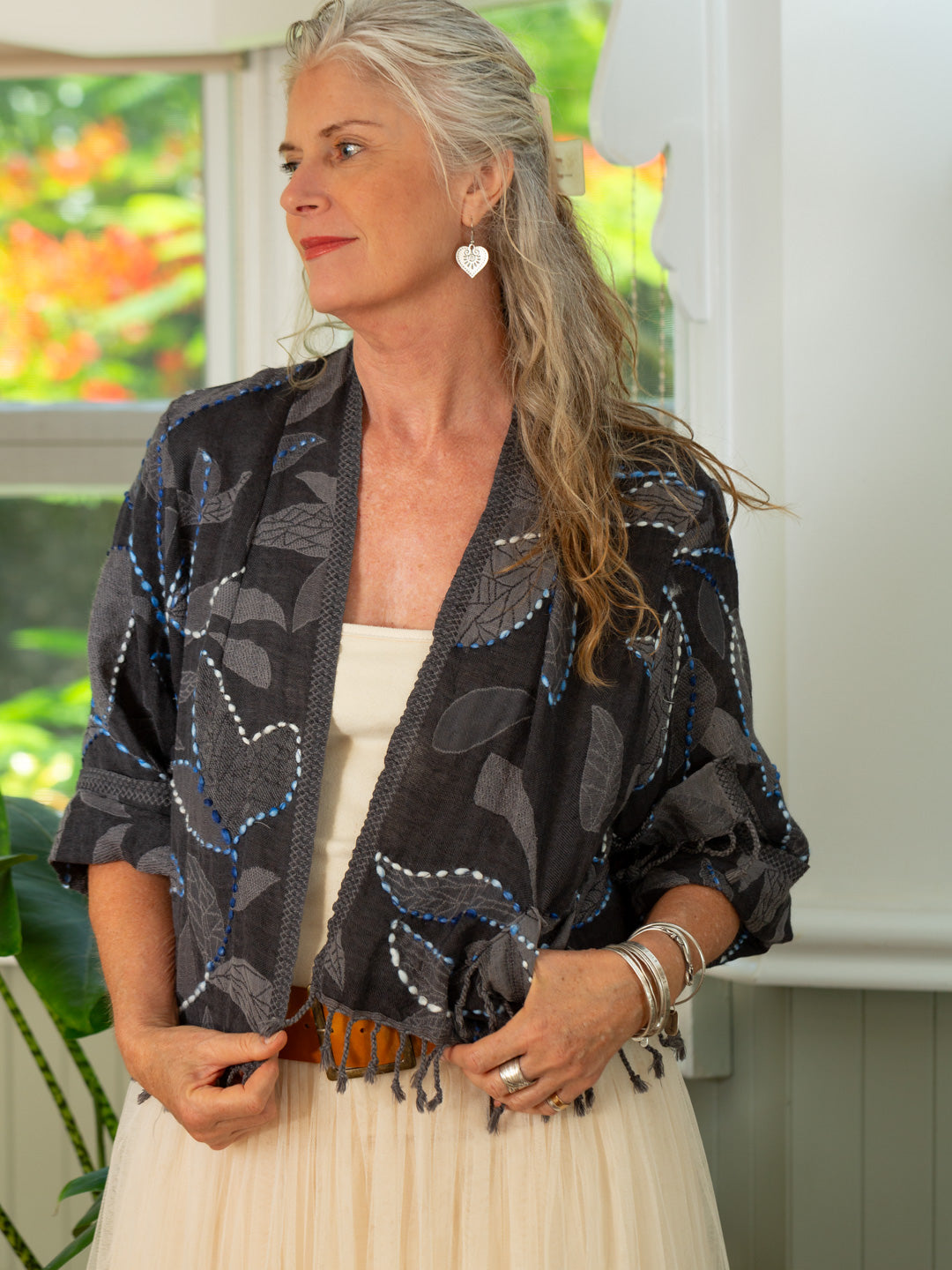 Kashmiri soft fringed wool jacket. Evening Storm. Size 14