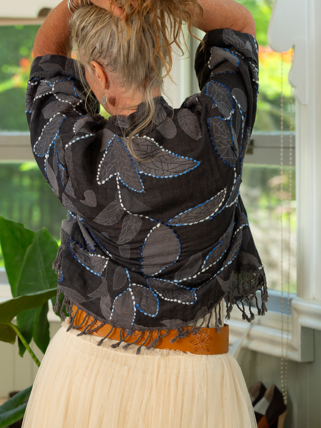 Kashmiri soft fringed wool jacket. Evening Storm. Size 14