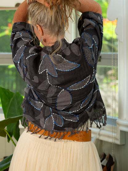 Kashmiri soft fringed wool jacket. Evening Storm. Size 14