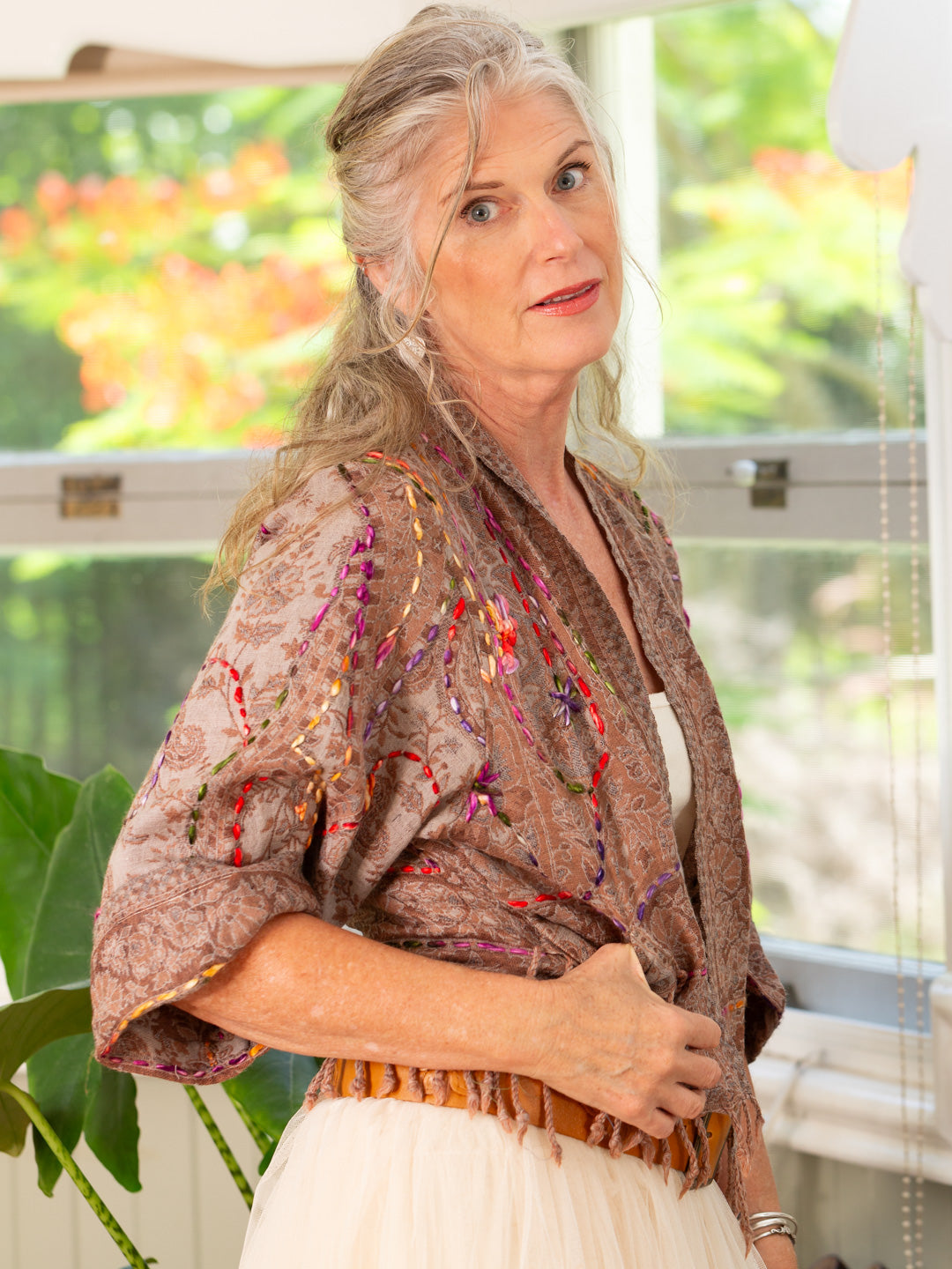 Kashmiri soft fringed wool jacket. Earthy Tones and Design. Size 14