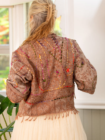 Kashmiri soft fringed wool jacket. Earthy Tones and Design. Size 14
