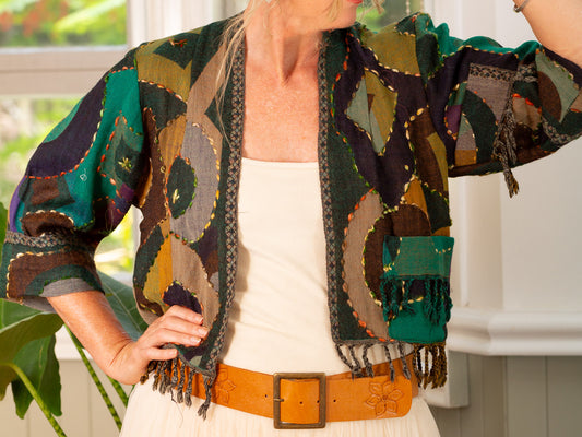 Kashmiri soft fringed wool jacket. Teal Abstract size 12