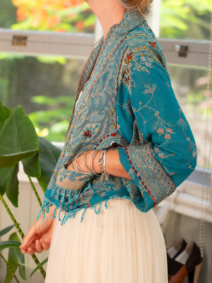 Kashmiri soft fringed wool jacket. Blue bells Size 12