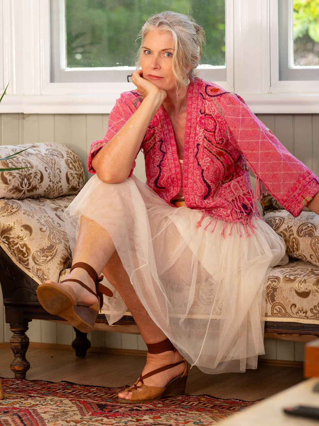 Kashmiri soft fringed wool jacket. Moroccan Rosey . Size 12