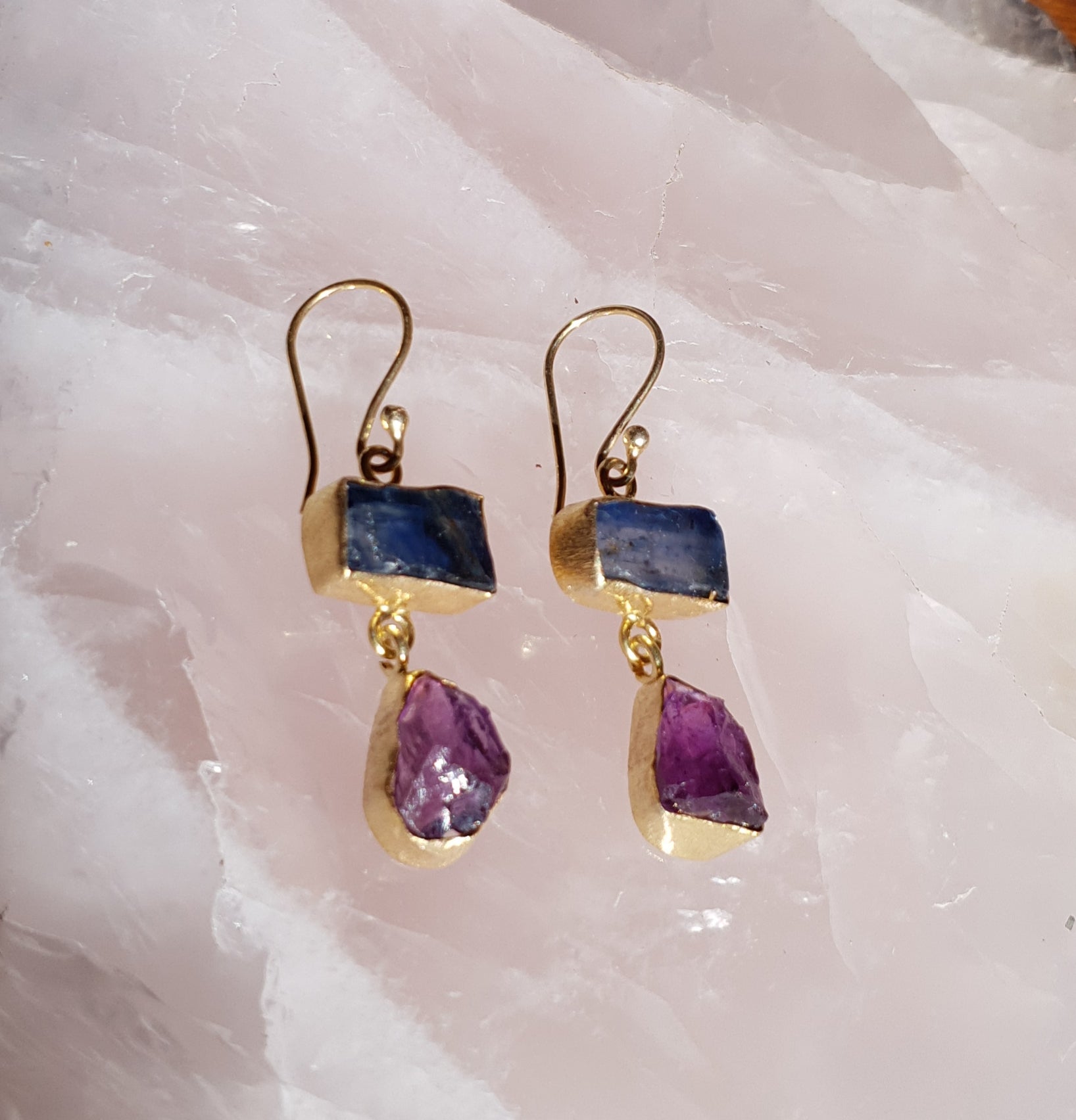 Double drop gold earrings with blue kyanite and amethyst