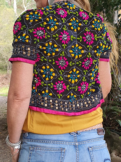 Back view of silk georgette jacket with sequins in black