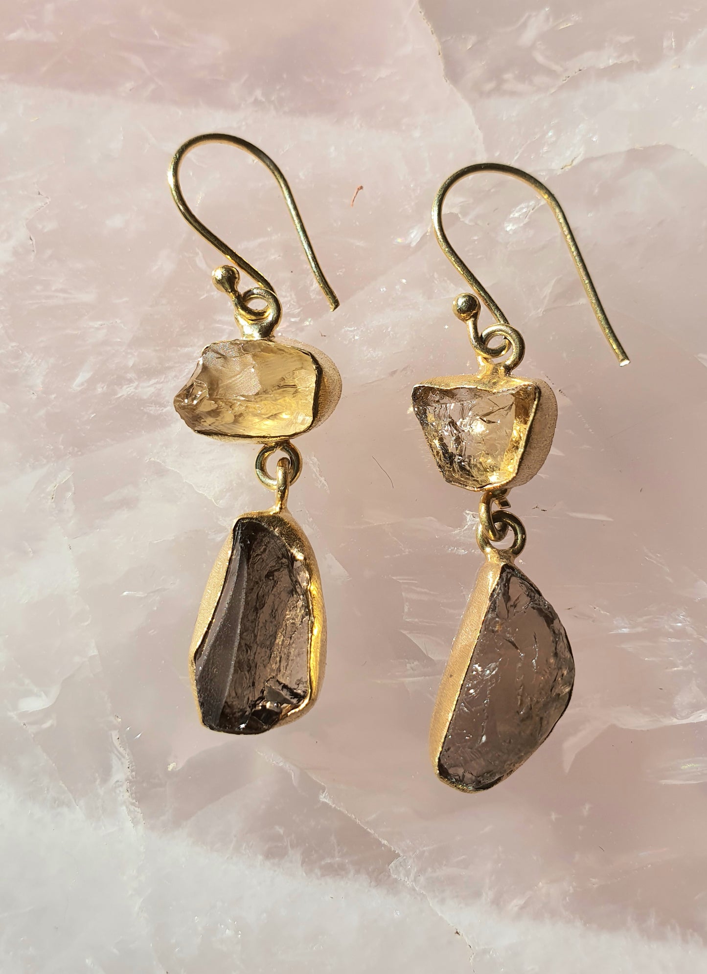 Smokey quartz and citrine double drop gold earrings