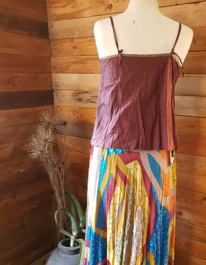 Back view of silk cami in chocolate