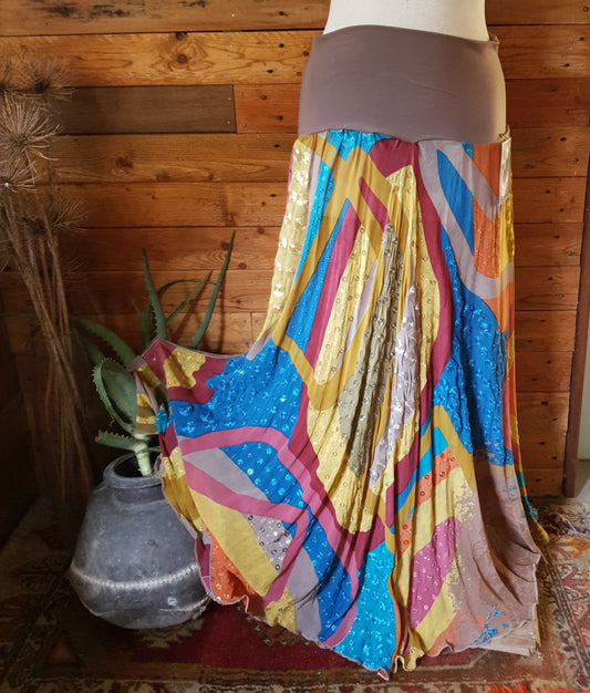 A brightly coloured silk skirt with bright colours and sequins