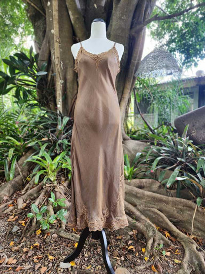 Silk Satin Slip Taupe with embroidery XS