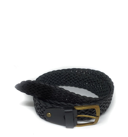 Black jeans belt woven with bronze buckle
