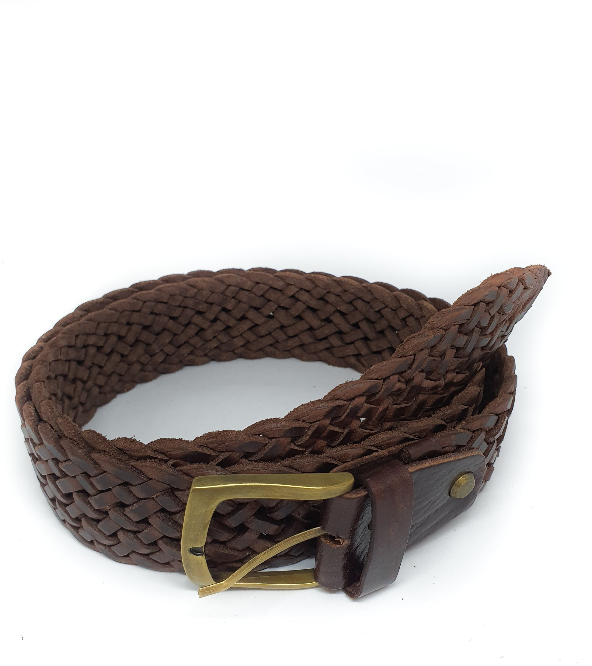 A chocolate narrow woven belt with a bronze buckle