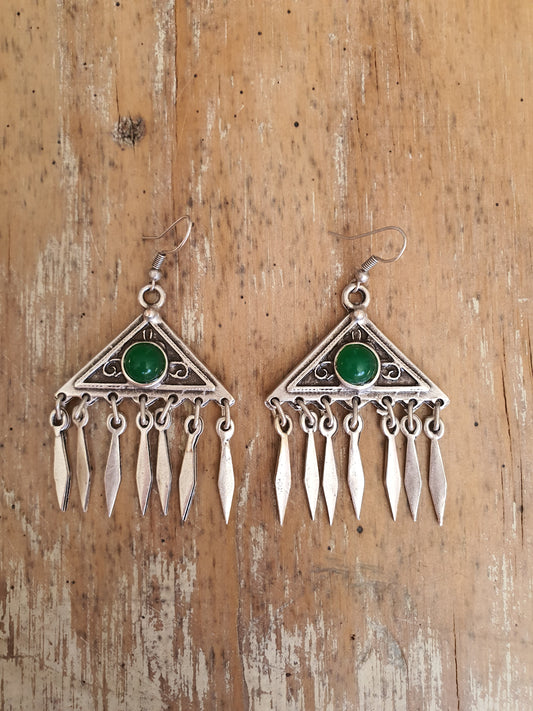 Silver triangle earring with green stone and tassels