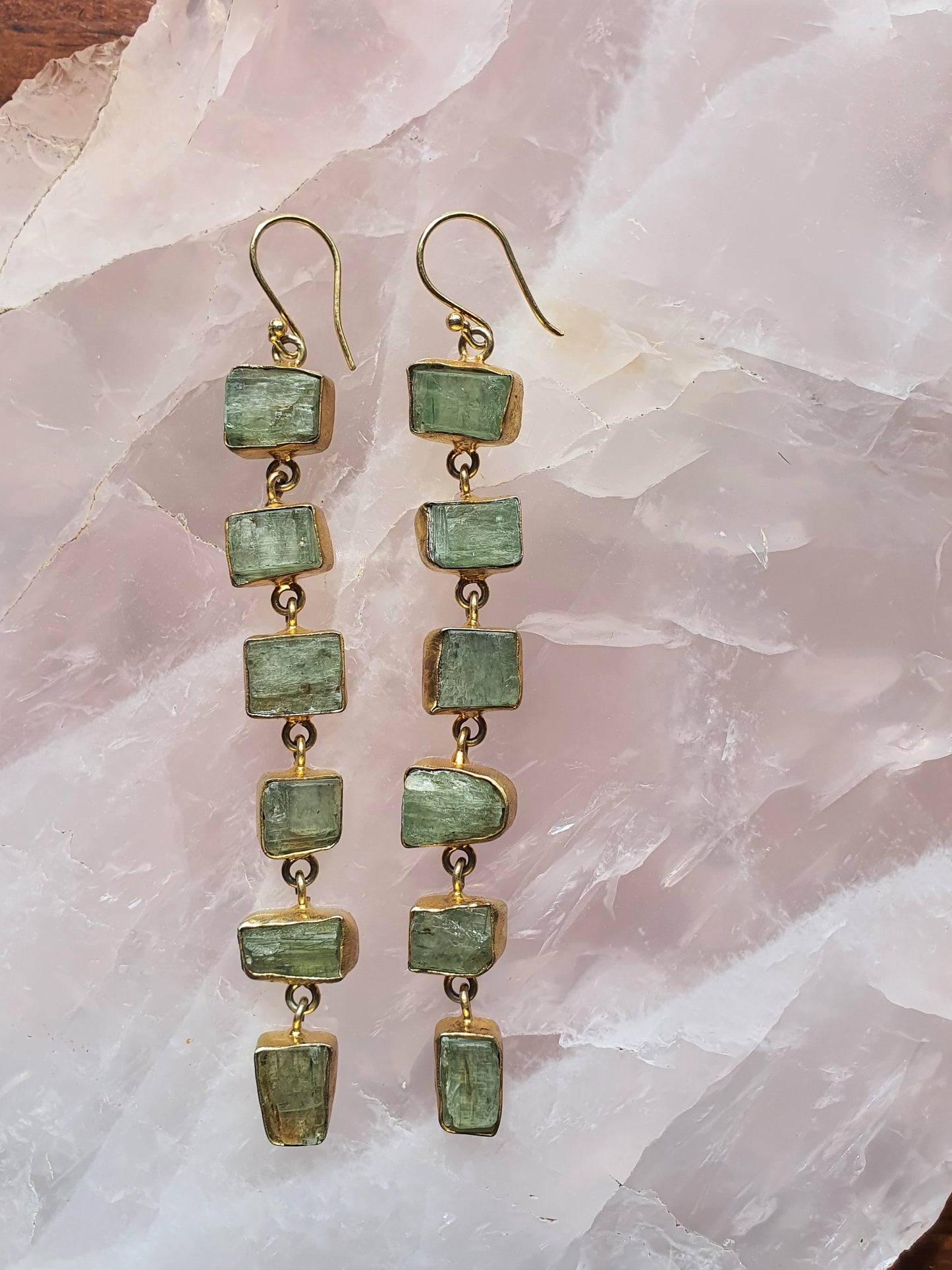 A pair of rough cut  6 drop earrings with green kyanite