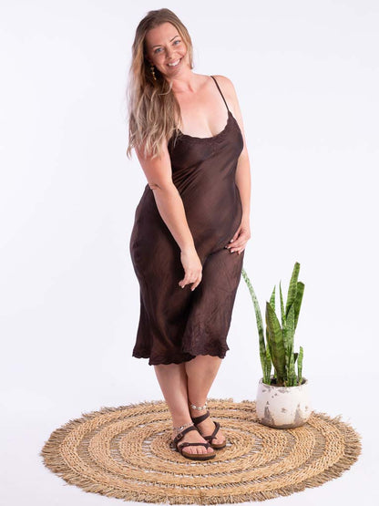 Silk Satin Luxe Embroidered Long Slip Burnished Copper