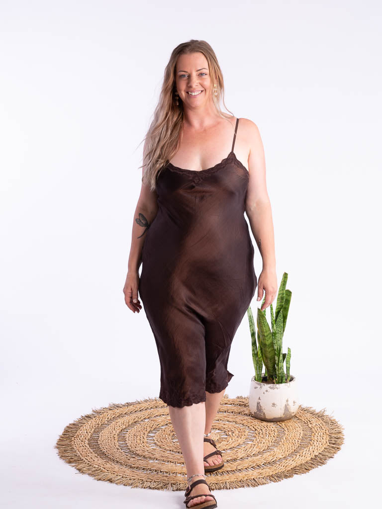 Silk Satin Luxe Embroidered Long Slip Burnished Copper