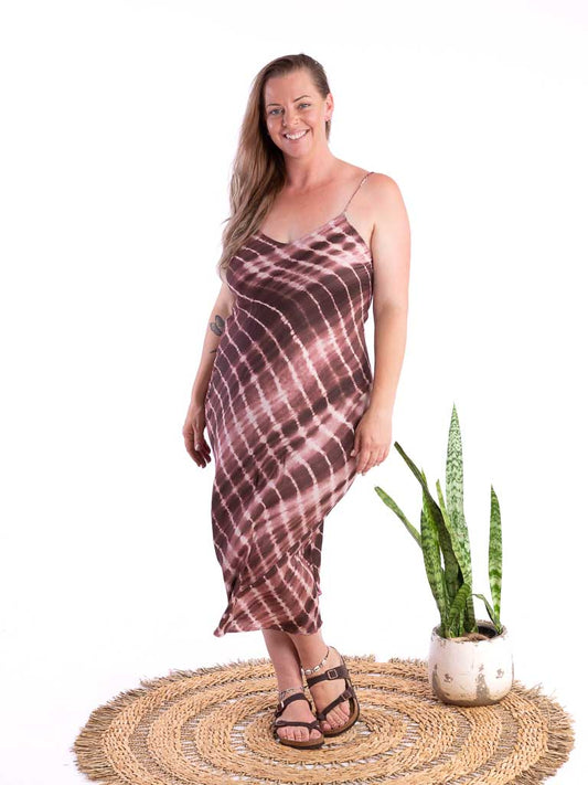 Curvy woman in chocolate tie dye silk slip